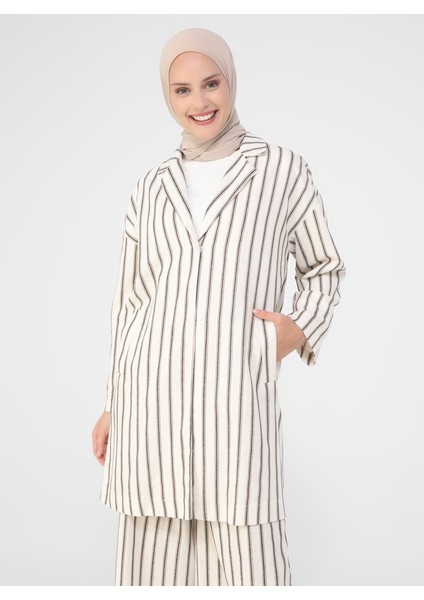 Keten Görünümlü Cep Detaylı Çizgili Ceket - Antik Bej - Refka Casual modelleri