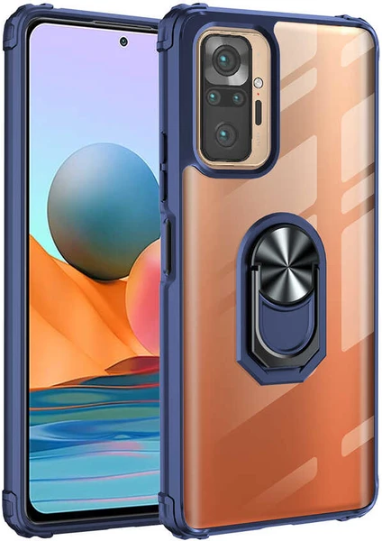 Case 4U Xiaomi Redmi Note 10 Pro Kılıf Armor Serisi Manyetik Yüzüklü Renkli Köşe Korumalı Şeffaf Silikon Mola Lacivert