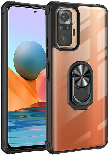 Case 4U Xiaomi Redmi Note 10 Pro Kılıf Armor Serisi Manyetik Yüzüklü Renkli Köşe Korumalı Şeffaf Silikon Mola Siyah