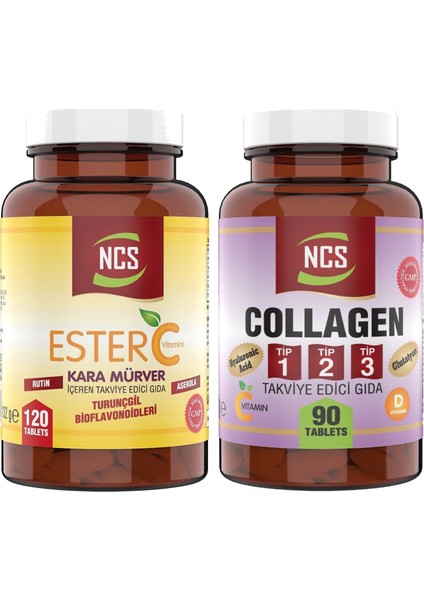 Collagen Type (Tip) 1-2-3 Hyaluronic Acid Vitamin C Glutatyon & Ester C Vitamini Kara Mürver 120 Tablet