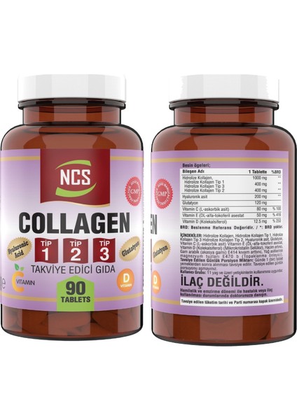 Collagen Type (Tip) 1-2-3 Hyaluronic Acid Vitamin C Glutatyon & Ester C Vitamini Kara Mürver 120 Tablet