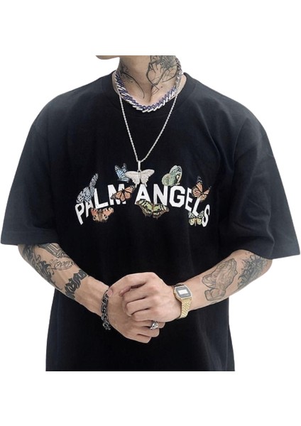 Kelebek-Motto Göğüs Baskılı Oversize Pamuk Yeni Stil Erkek Tşört
