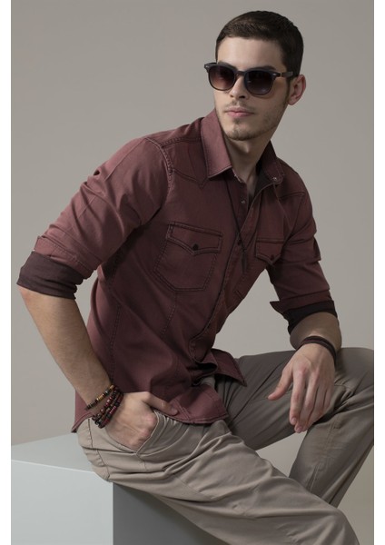 Slim Fit Dar Kesim %100 Pamuk Çift Cepli Bordo Denim Gömlek