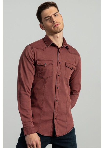 Slim Fit Dar Kesim %100 Pamuk Çift Cepli Bordo Denim Gömlek fiyatları