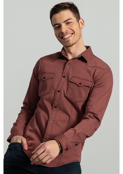 Slim Fit Dar Kesim %100 Pamuk Çift Cepli Bordo Denim Gömlek modelleri