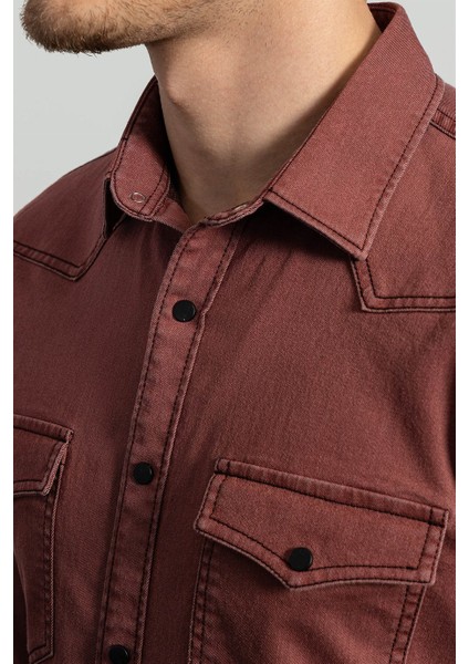 Slim Fit Dar Kesim %100 Pamuk Çift Cepli Bordo Denim Gömlek fırsatları
