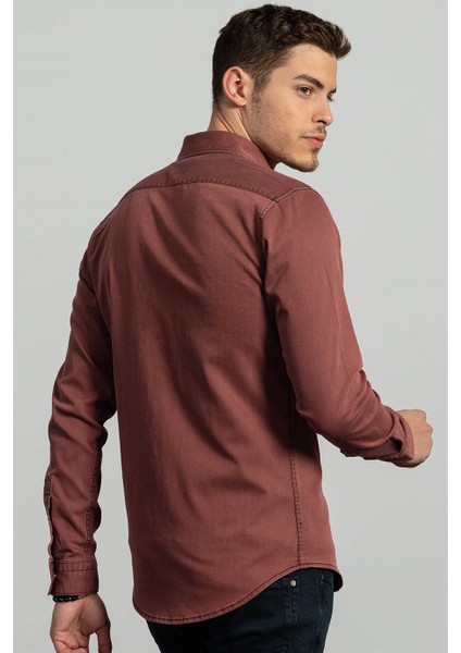 Slim Fit Dar Kesim %100 Pamuk Çift Cepli Bordo Denim Gömlek indirimleri