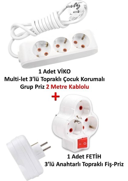 Multi-Let 3'lü Topraklı Çocuk Korumalı Grup Priz 2 Metre + Fetih 3'lü Anahtarlı Fiş-Priz