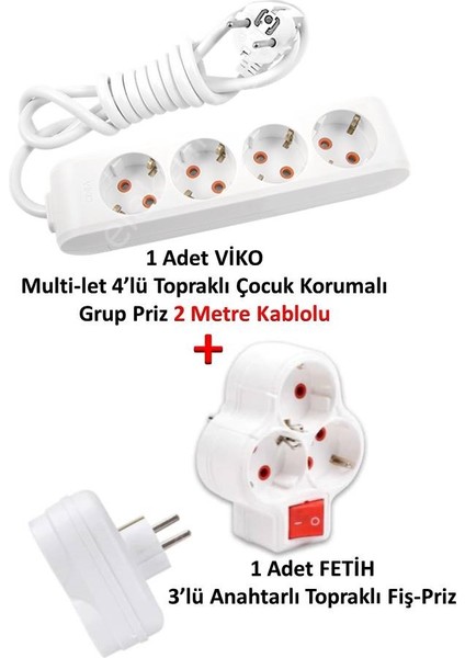 Multi-Let 4'lü Topraklı Çocuk Korumalı Grup Priz 2 Metre + Fetih 3'lü Anahtarlı Fiş-Priz