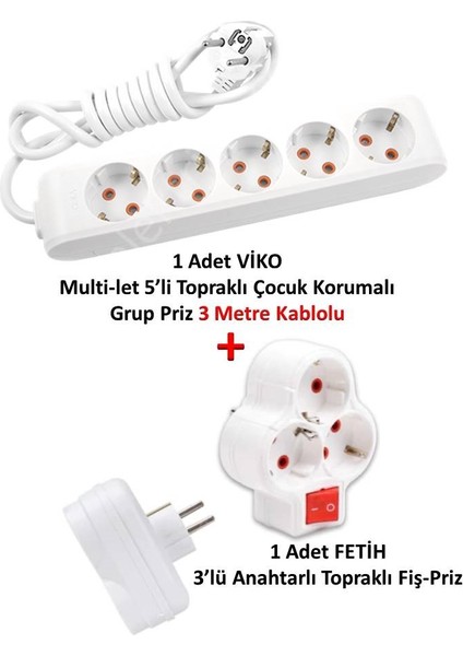 Multi-Let 5'li Topraklı Çocuk Korumalı Grup Priz 3 Metre + Fetih 3'lü Anahtarlı Fiş-Priz