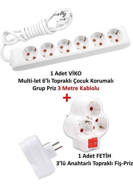 Multi-Let 6'lı Topraklı Çocuk Korumalı Grup Priz 3 Metre + Fetih 3'lü Anahtarlı Fiş-Priz
