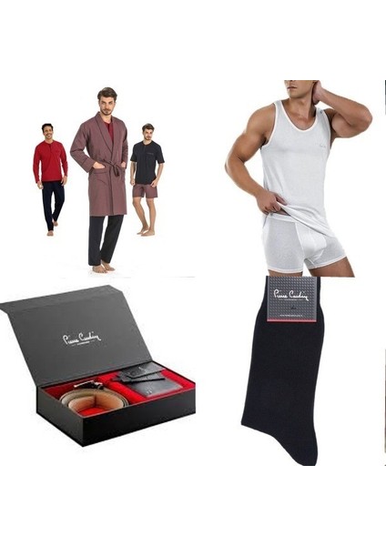 4lü Çeyiz Paketi Robdöşambr Atlet Boxer Takım Çorap ve Kemer Cüzdan Set Bordo