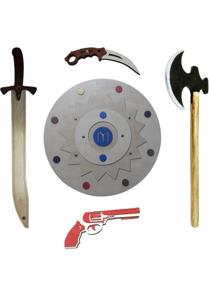 Ahşap Oyuncak Seti 5'li, Kayı Kalkanı + Kılıcı + Baltası + Oyuncak Bıçak ve Lastik Atan Tabanca