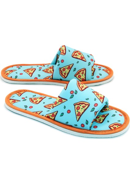 Unisex Mavi Pizza Desenli Önü Açık Yumuşak Tabanlı Ev Terlik