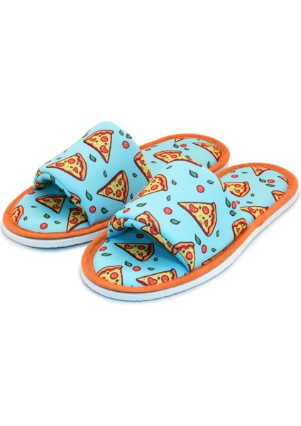 Unisex Mavi Pizza Desenli Önü Açık Yumuşak Tabanlı Ev Terlik