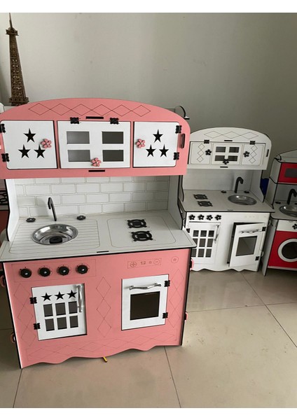Dekoratif Doğal Ahşap Eğitici Kız Çocuk Mutfak Seti Pembe-Beyaz 110x75