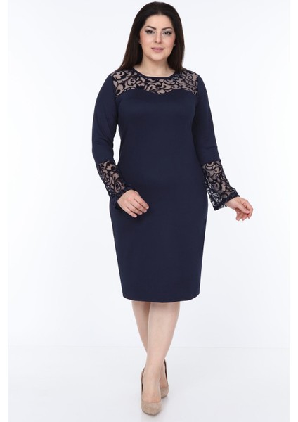 Lacivert Ispanyol Kol Büyük Beden Elbise 30Y-1051