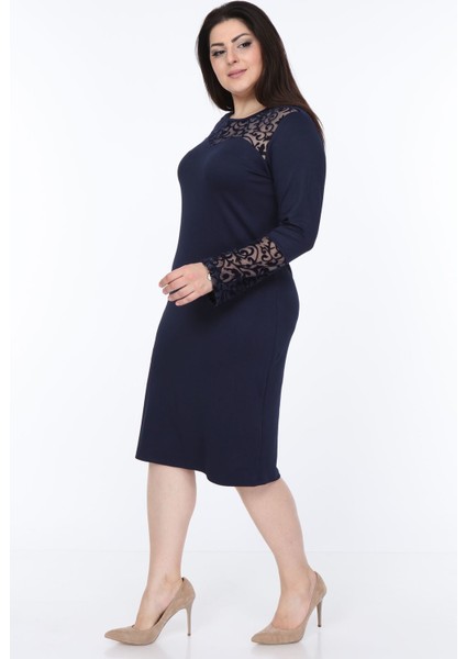 Lacivert Ispanyol Kol Büyük Beden Elbise 30Y-1051 modelleri