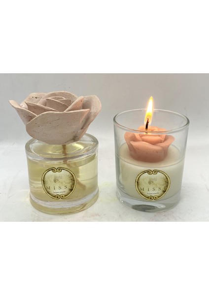 100 cc Koyu Pembe Gül Seramik Taşlı Dark Amber Oda Kokusu ve Mum Seti