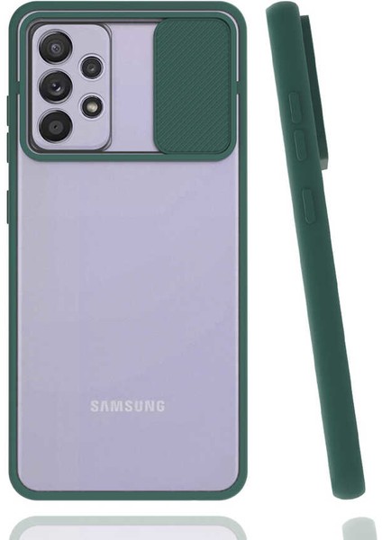 - Samsung Galaxy A72 - Kılıf Slayt Sürgülü Arkası Buzlu Lensi Kapak - Koyu Yeşil - T16920