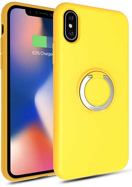 Apple iPhone x Kılıf Magnet Yüzük Standlı Yumuşak ve Pürüzsüz Sarı