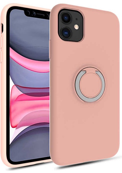 Apple iPhone 11 Kılıf Magnet Yüzük Standlı Yumuşak ve Pürüzsüz Açık Pembe