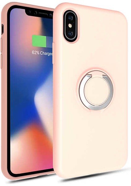 Apple iPhone x Kılıf Magnet Yüzük Standlı Yumuşak ve Pürüzsüz Açık Pembe