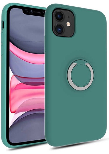 Apple iPhone 11 Kılıf Magnet Yüzük Standlı Yumuşak ve Pürüzsüz Koyu Yeşil