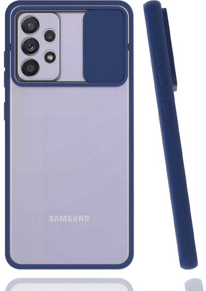 - Samsung Galaxy A72 - Kılıf Slayt Sürgülü Arkası Buzlu Lensi Kapak - Lacivert