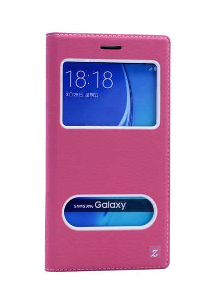 Samsung Galaxy J7 2016 Kapaklı Kılıf Smart Pencere ve Gizli Mıknatıs Kapak Sistemi Koyu Pembe