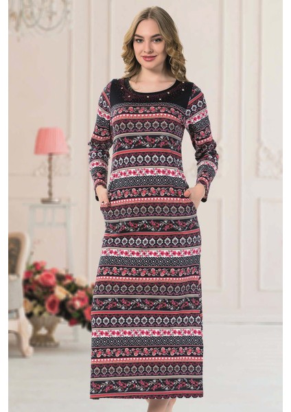 Renkli Desenli Uzun Kollu Yakası Taşlı Uzun Kadın Elbise