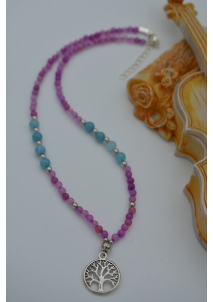 Jade ve Auamarin Taşlı Hayat Ağacı Kolye