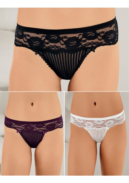 Kadın Siyah-Beyaz-Mürdüm Külot Çizgili Üç lü Set MB3053