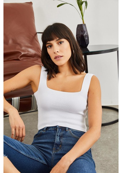 Kadın Kare Yaka Triko Crop Bluz