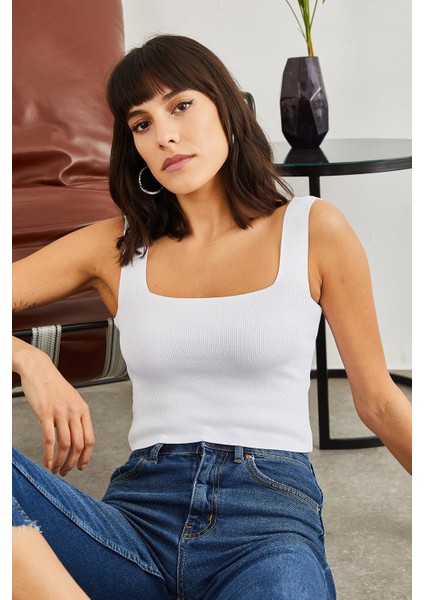 Kadın Kare Yaka Triko Crop Bluz fiyatları