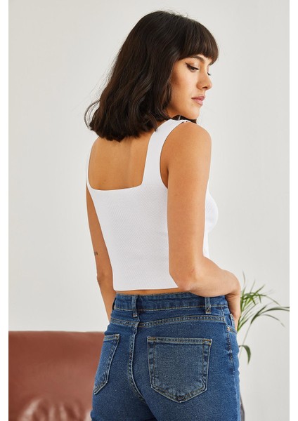 Kadın Kare Yaka Triko Crop Bluz fırsatları