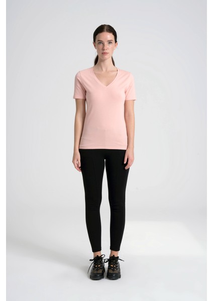 V Yaka Kadın Tişört , Ense Taş Detaylı %95 Pamuk Pembe T-Shirt