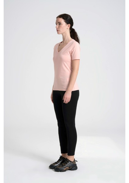 V Yaka Kadın Tişört , Ense Taş Detaylı %95 Pamuk Pembe T-Shirt fiyatları
