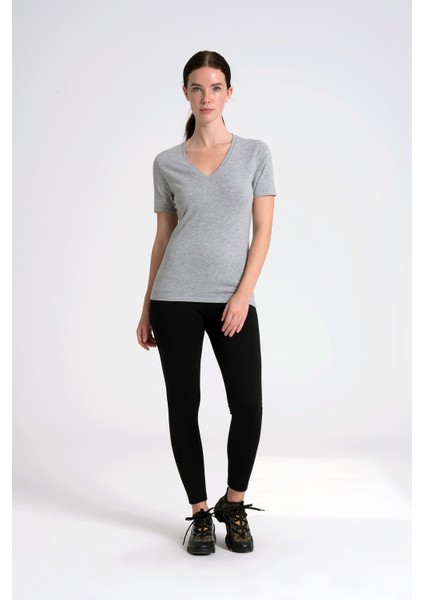 V Yaka Kadın Tişört , Ense Taş Detaylı %95 Pamuk Gri Melanj T-Shirt