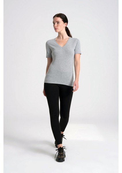 V Yaka Kadın Tişört , Ense Taş Detaylı %95 Pamuk Gri Melanj T-Shirt fiyatları