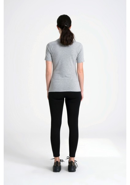V Yaka Kadın Tişört , Ense Taş Detaylı %95 Pamuk Gri Melanj T-Shirt modelleri