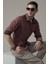 Slim Fit Dar Kesim %100 Pamuk Çift Cepli Bordo Denim Gömlek 1