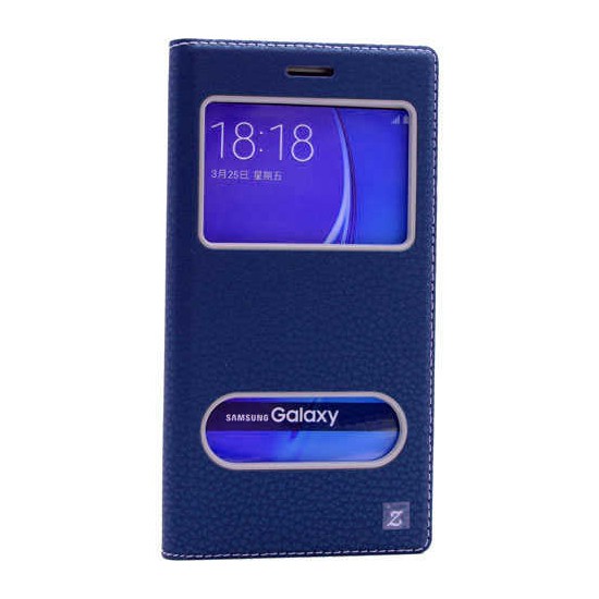 Canpay Samsung Galaxy J7 2016 Kapaklı Kılıf Smart Pencere ve Gizli Mıknatıs Kapak Sistemi Lacivert