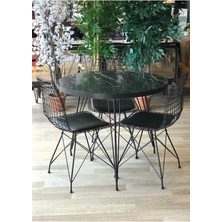 Ressahome Rovena Balkon Masası -Mutfak Masa Takımı -Yuvarlak + 3 Sandalye Siyah Mermer Çap 90