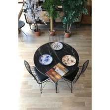 Ressahome Rovena Balkon Masası -Mutfak Masa Takımı -Yuvarlak + 3 Sandalye Siyah Mermer Çap 90