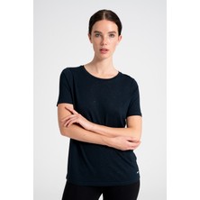 Newces Nokta Varak Baskılı Kadın Tişört, Rahat Akıcı Doğal %100 Viskon Tshirt, Yuvarlak Yaka Lacivert T-shirt