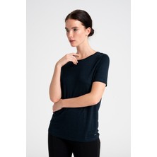 Newces Nokta Varak Baskılı Kadın Tişört, Rahat Akıcı Doğal %100 Viskon Tshirt, Yuvarlak Yaka Lacivert T-shirt