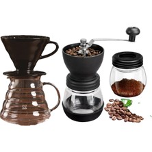 Grossberg Coffee V60 Dripper Cam Kahve Sürahisi Değirmen Set