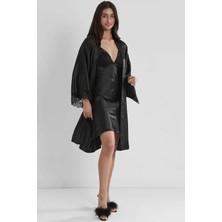 Pierre Cardin 2'lı 4250 Siyah Bayan Saten Gecelik Sabahlık Takımı
