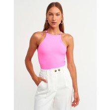 Dilvin 3804 Aksesuarlı Crop Top-Neon Pembe